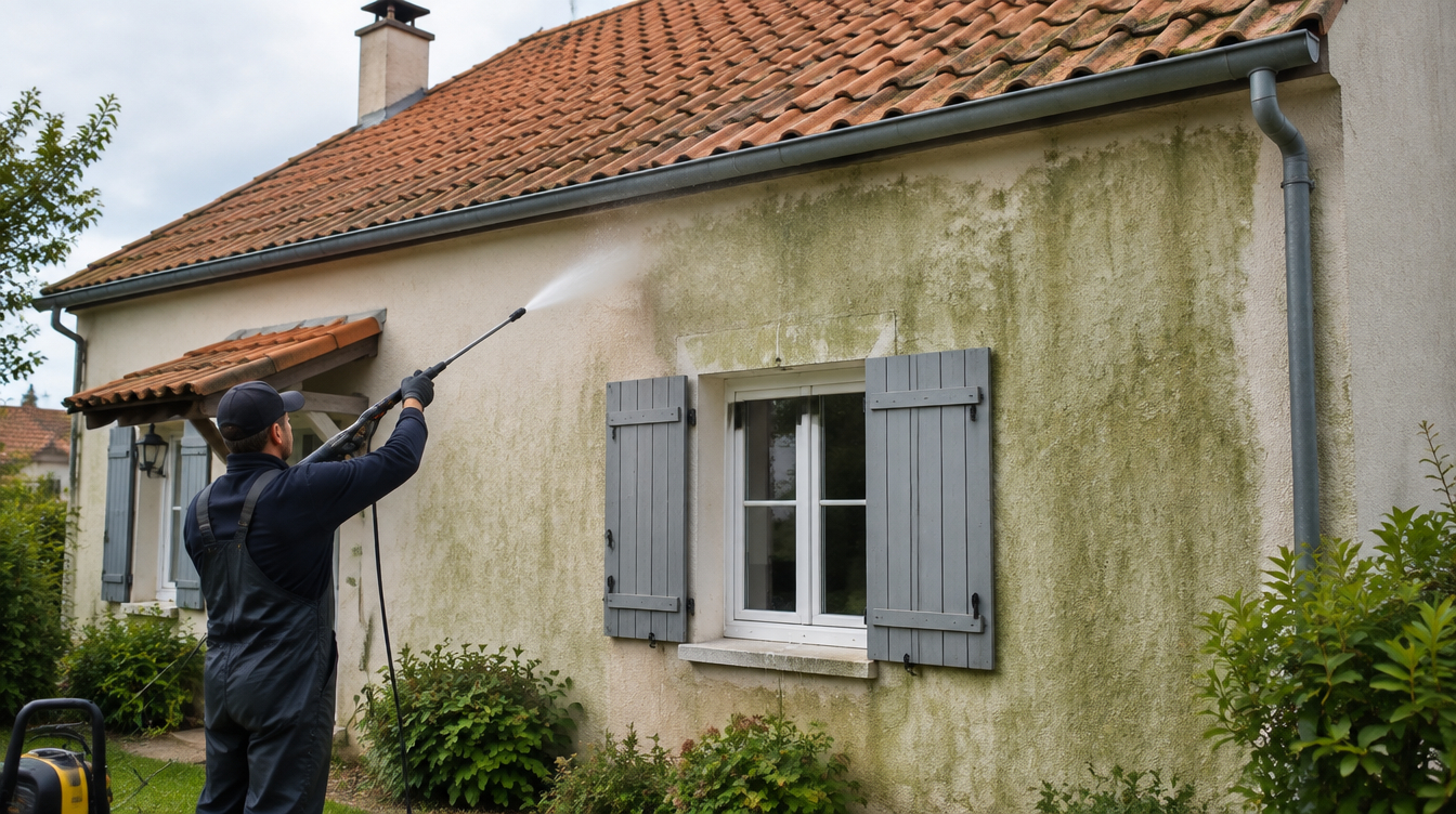 Pignon de maison avant et après nettoyage de façade par PRSV