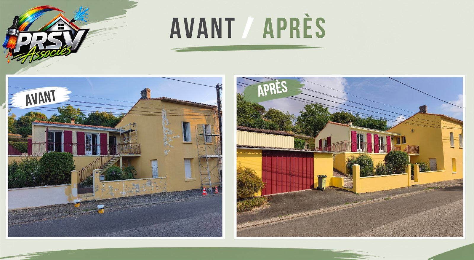 Avant et après : ravalement de façades jaunes et volets rouges