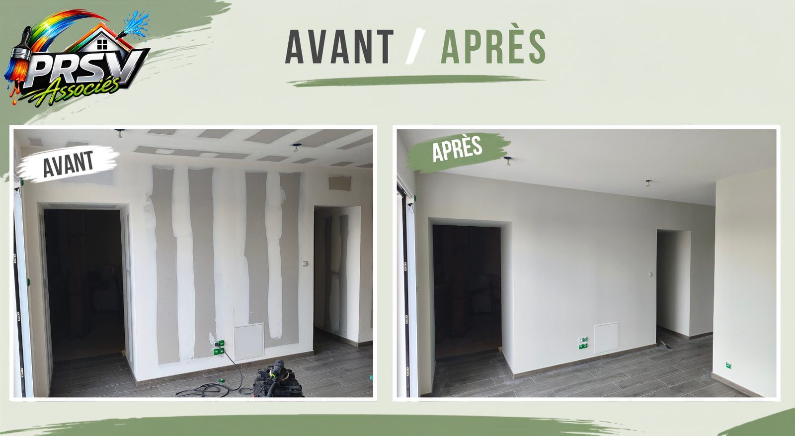 Avant et après : murs d'une pièce enduits et repeints