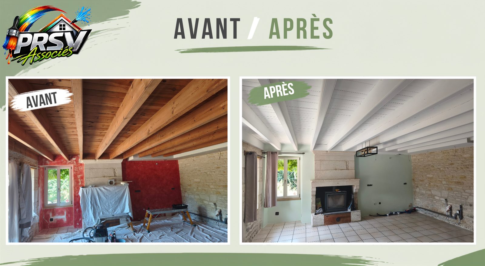 Avant et après : plafond à poutres et murs d'un séjour repeints