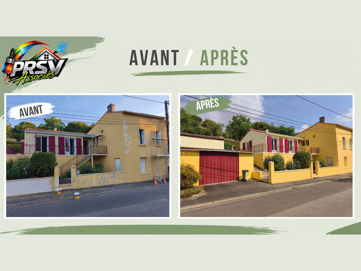 Ravalement de façades jaunes aux volets rouges, avant et après, par PRSV