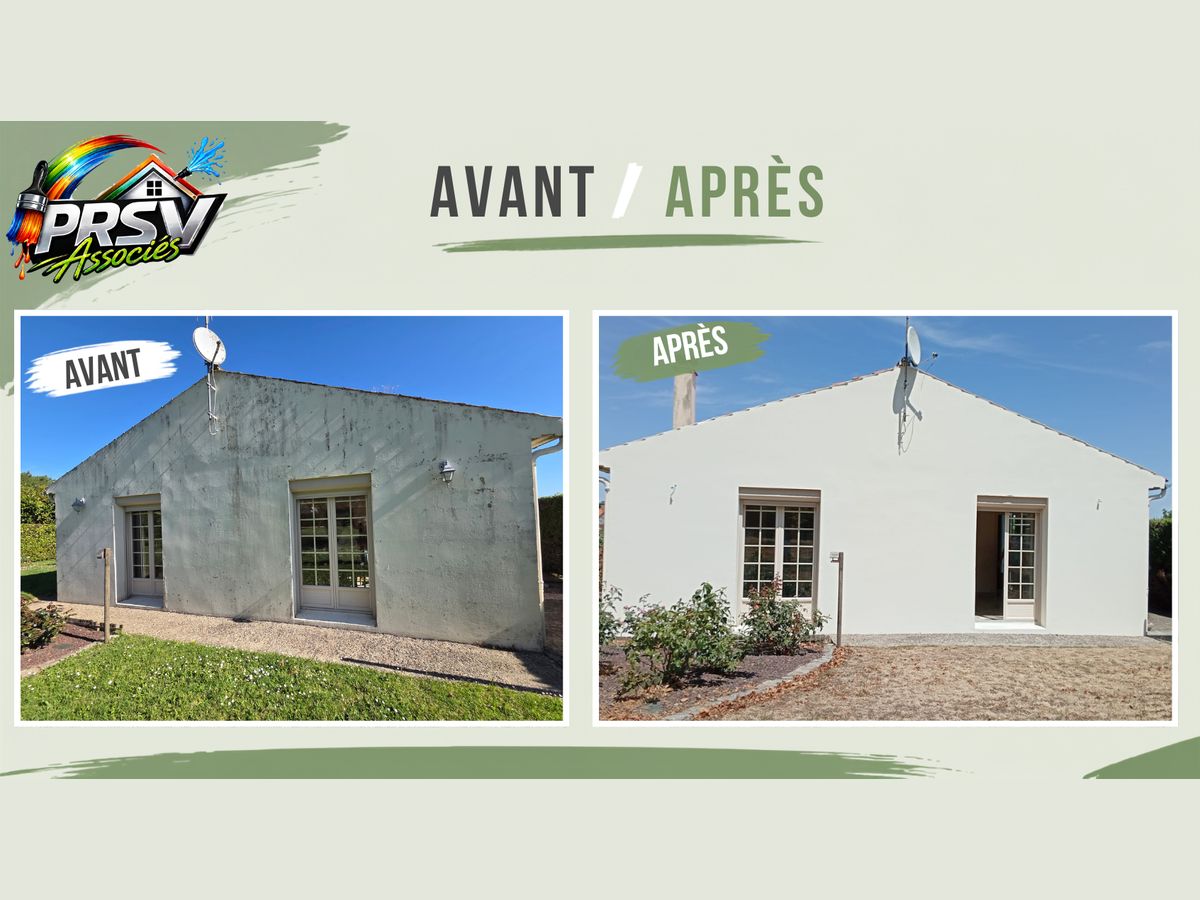 Pignon de maison avant et après nettoyage et peinture par PRSV