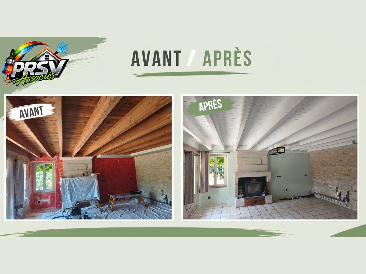 Peinture intérieure : plafond à poutres et murs d'un séjour, avant et après